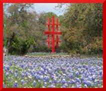 Blue bonnets and Missionary Cross at the Church of the Holy Spirit, San Antonio, TX